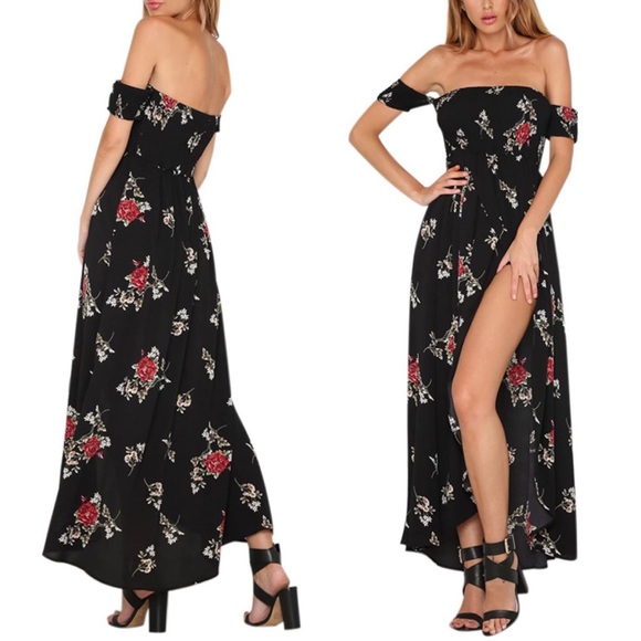 Dresses & Skirts - Off Shoulder Rose Floral Smocked Faux Wrap Dress